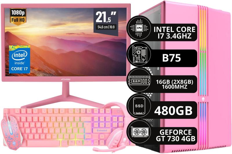 Imagem de Pc Gamer Rosa Completo I7 3.4GHZ 16GB SSD 480GB Fonte 350W + Monitor 21,5" + GT730 + Kit Gamer - Option Soluções