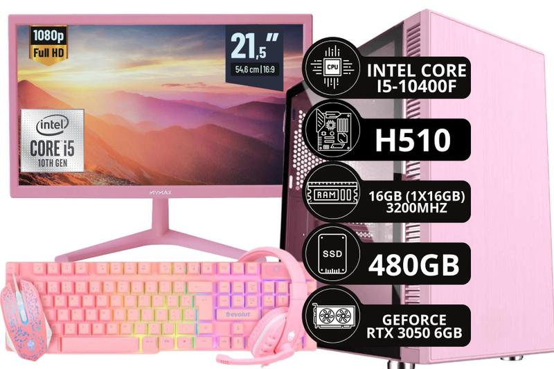 Imagem de PC Gamer Rosa Completo Intel Core I5 10400F 16 GB 480GB RTX 3050 6 GB + Monitor Rosa + Kit Gamer Rosa