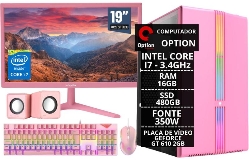 Imagem de PC Gamer Rosa Completo Intel Core I7 16 GB 480 GB GT 610 2 GB + Monitor HD Rosa + Kit Gamer
