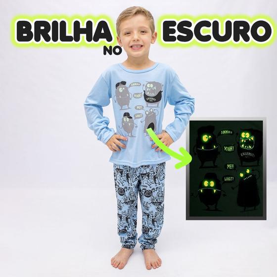 Imagem de Peças de Roupas Pijama Azul Monstro Infantil/Juvenil Masculino Camisas Manga Q/ Brilha no Escuro