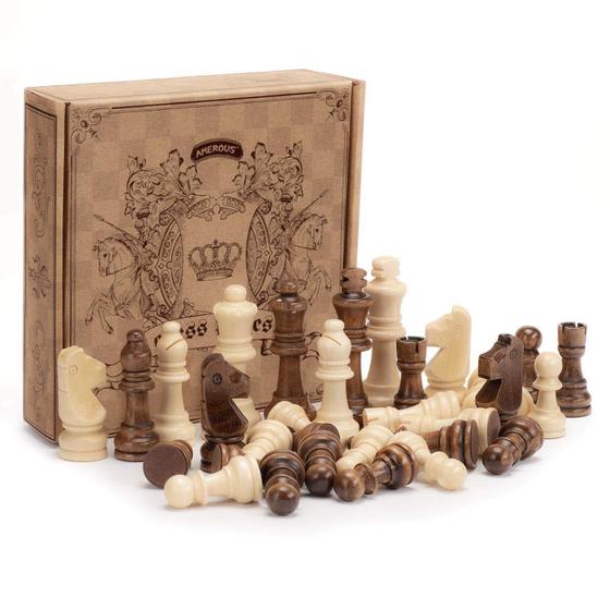 Imagem de Peças de Xadrez AMEROUS Estilo Staunton - Madeira - 8cm - com Bolsa