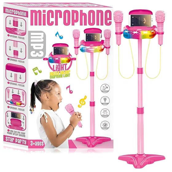 Imagem de Pedestal Rosa Com 02 Microfones Com Luz E Som - Castela