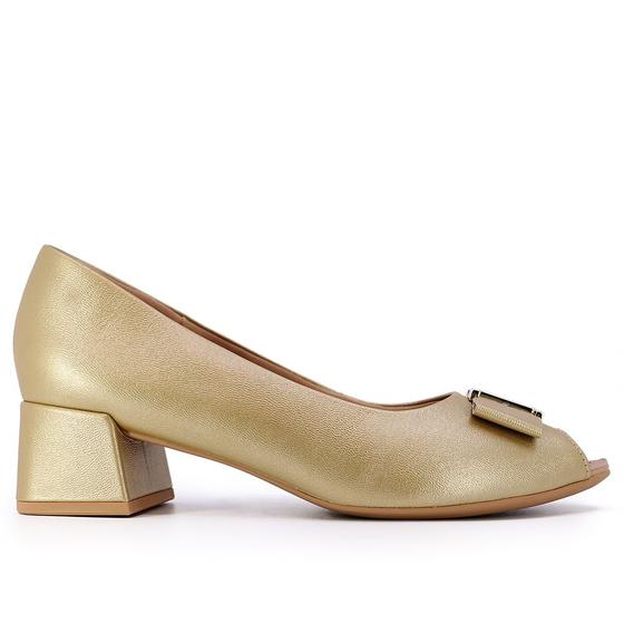 Imagem de Peep Toe Salto Bloco Dourado Perolado Couro