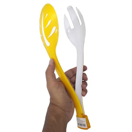 Imagem de Pegador Para Salada Alimentos Cozinha Plastico Garfo Colher Amarelo (sili-10)