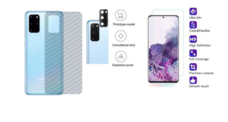Imagem de Película Verso Fibra Carbono + Película Câmera Lente + P/ Nano Gel Frontal Samsung Galaxy S20 Tela 6.2