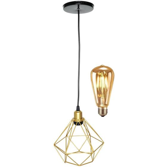 Imagem de Pendente Aramado Diamante Luminária Lustre Retrô Balcão Dourado + Lâmpada Led ST64 Vintage Teto