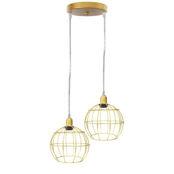 Imagem de Pendente Aramado Duplo Globo Luminária Lustre Cabo Cristal Retrô Vintage Dourado Agp Industrial Luxo