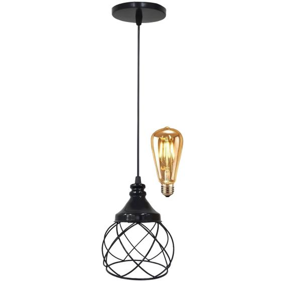 Imagem de Pendente Aramado Esfera Balonê Preto + Lâmpada Lustre Luminária Teto Regulável Sala Cozinha