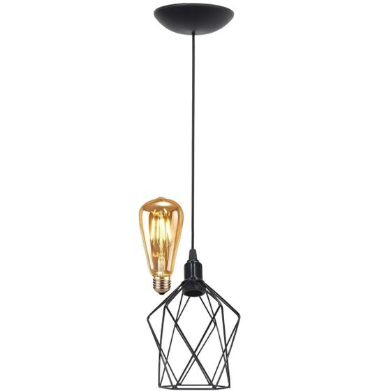 Imagem de Pendente Aramado Teto Cálice P Luminária Lustre Retrô Balcão + Lâmpada Led ST64 Vintage Preto