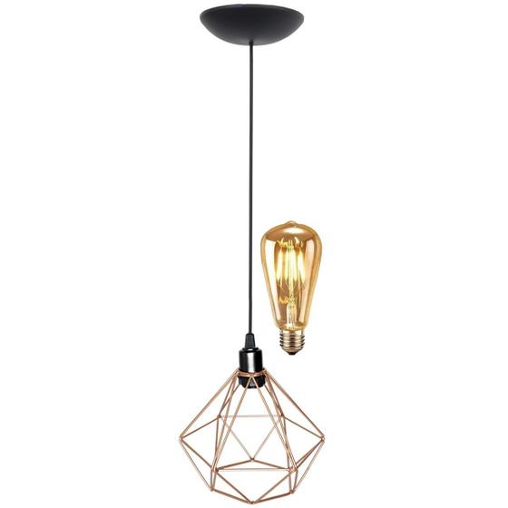 Imagem de Pendente Aramado Teto Diamante Luminária Lustre Retrô Balcão + Lâmpada Led ST64 Cobre Rose Gold