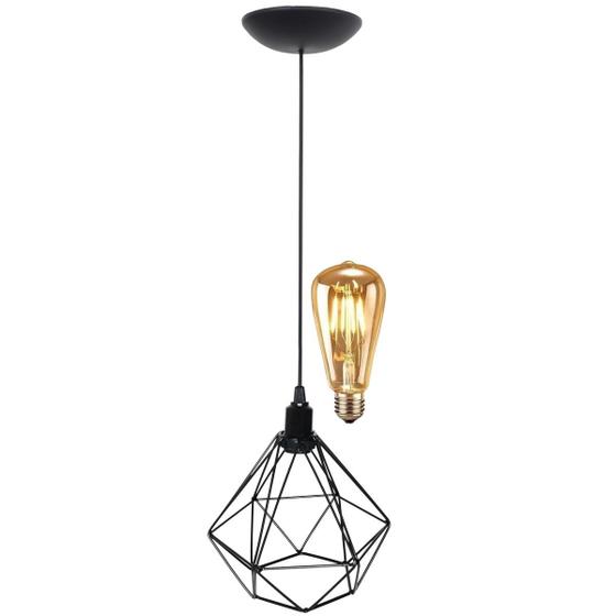 Imagem de Pendente Aramado Teto Diamante Luminária Lustre Retrô Balcão + Lâmpada Led ST64 Vintage Preto