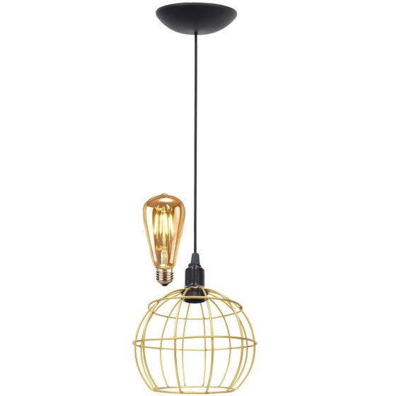 Imagem de Pendente Aramado Teto Globo Luminária Lustre Retrô Balcão + Lâmpada Led ST64 Vintage Dourado