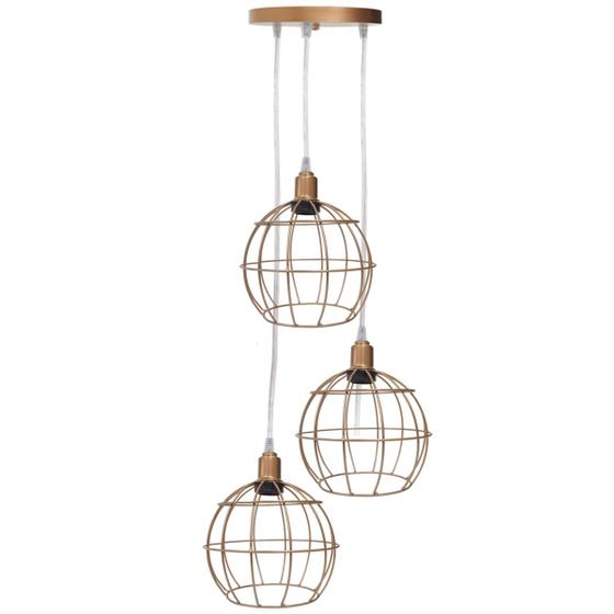 Imagem de Pendente Aramado Triplo Globo Luminária Lustre Cabo Cristal Retrô Vintage Agp Industrial Luxo