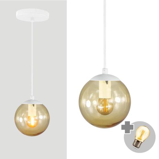 Imagem de Pendente Branco Com Globo De Vidro Ambar De 14Cm + Led 2W