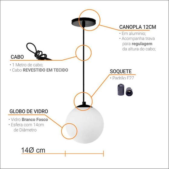 Imagem de Pendente Globo Esfera De Vidro Branco Fosco 14Cm - Ouro