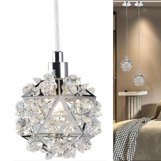 Imagem de Pendente Luminária Aramado Diamante Provençal Praga Cristal Legítimo Moderno Bola Pequena P/1 Lâmpada Led G9 Bivolt 110V 220V Decorativa Prata Cromado