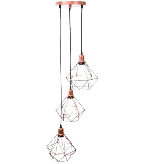 Imagem de Pendente Luminaria Teto Diamante Rose Gold Pirâmide Aramado Base Tripla Fio Cristal