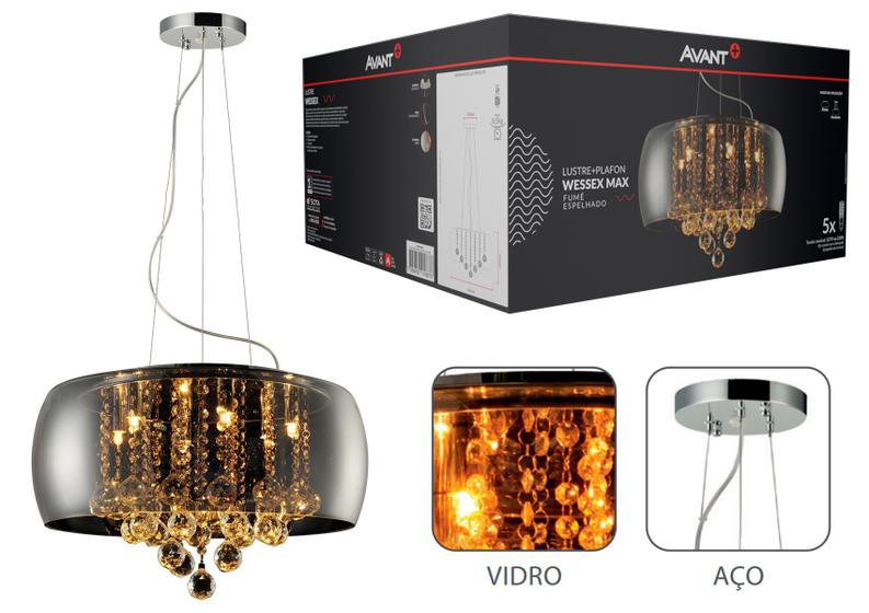 Pendente Lustre Luminaria Wessex Vidro Aço Avant Menor preço em Pendente Lustre Luminaria Wessex Vidro Aço Avant