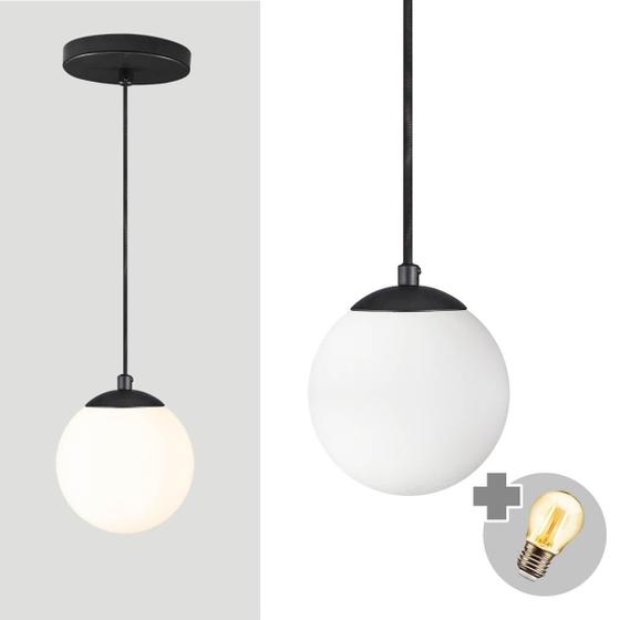 Imagem de Pendente Preto Com Globo De Vidro Branco De 14Cm + Led 2W