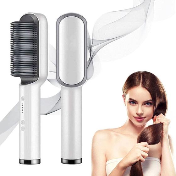 Imagem de Pente Escova Alisadora Modeladora de Cabelo Elétrica Bivolt Temperatura Ajustável Branco e Cinza