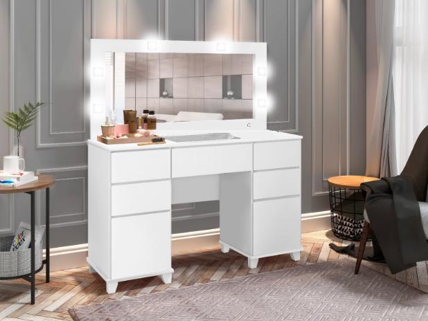 Penteadeira Camarim 5 gavetas com Led e Espelho MDF Clean branco Menor preço em Penteadeira Camarim 5 gavetas com Led e Espelho MDF Clean branco