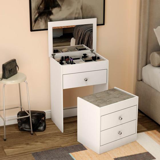 Penteadeira Cômoda e Banco com Espelho 3 Gavetas 60 Cm Branco Movelbento Imagem de Penteadeira Cômoda e Banco com Espelho 3 Gavetas 60 Cm Branco Movelbento