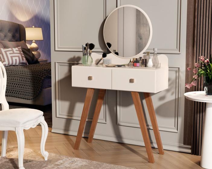 Imagem de Penteadeira Condessa com Espelho Redondo com 2 Gavetas Pés Retrô para quarto - Off White