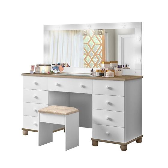 Imagem de Penteadeira Planet Baby Camarim 9 Gavetas Com LED e Banqueta Branco Amendoa