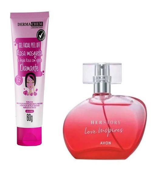Imagem de Perfume Avon Herstory Love Inspires 50ml + Peel Off Rosa Mosqueta Efeito Diamante 60g Dermachem Kit