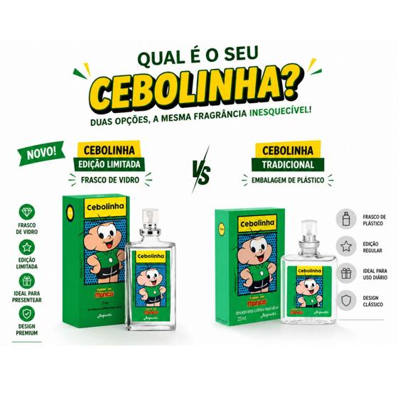 Comparativo visual entre o perfume Cebolinha em edição limitada de vidro e a versão tradicional em plástico