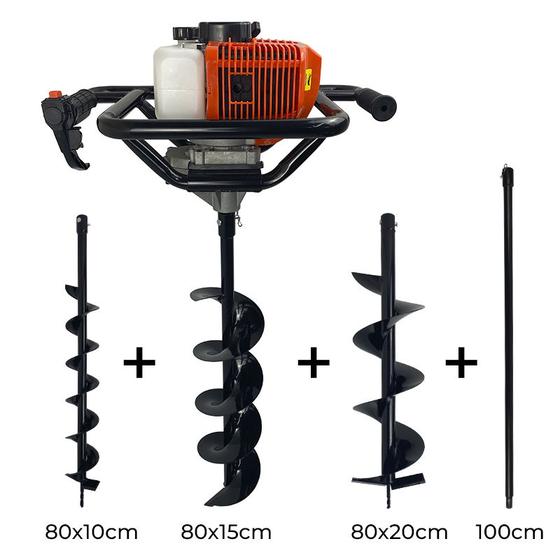 Imagem de Perfurador de Solo A Gasolina 52cc 2,5HP com Brocas 10cm + 15cm + 20cm + Extensão 100cm Carbon Fak