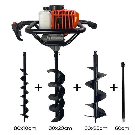 Imagem de Perfurador de Solo A Gasolina 52cc com brocas 10cm + 20cm + 25cm + Extensão 60cm Carbon Fak