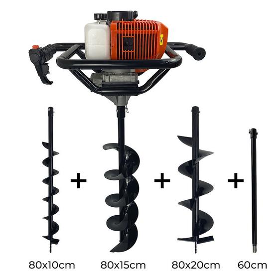 Imagem de Perfurador de Solo a Gasolina 52cc com Brocas 80x10cm + 80x15cm + 80x20cm + Extensão 60cm Carbon Fak