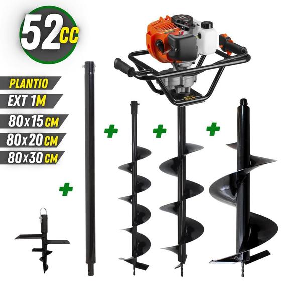 Imagem de Perfuratriz De Solo Tekna EA52XS Á Gasolina 2T 52CC 2,5HP Com KIT de 4 Brocas 80x15cm, 80x20cm, 80x30cm e Broca de Plantio + Extensor de 1 Metro