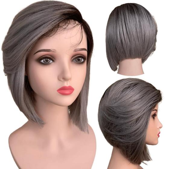 Imagem de Peruca Front Lace Wig Long Bob Cinza Platinad Orgânica Curta