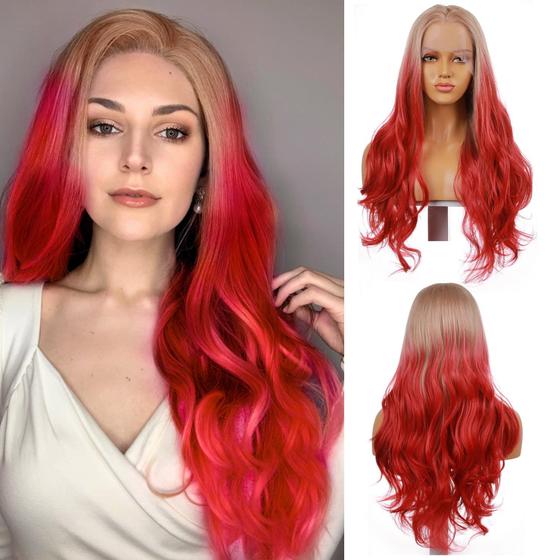Peruca FUHSI Longa Ondulada Loira Vermelha - Lace Front 13x4 HD Imagem de Peruca FUHSI Longa Ondulada Loira Vermelha - Lace Front 13x4 HD