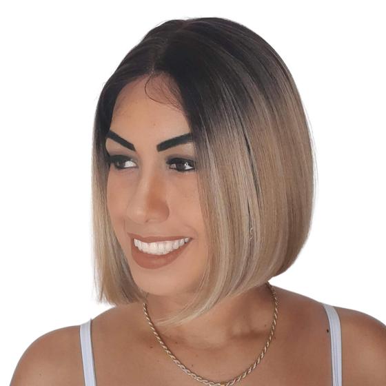 Peruca Lace Front Curta Loiro Mesclado Raiz Escura com Fake Scalp Fibra ...