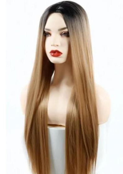 Imagem de Peruca lace wig lisa fibra futura Sem Franja Ombre Mel 70cm