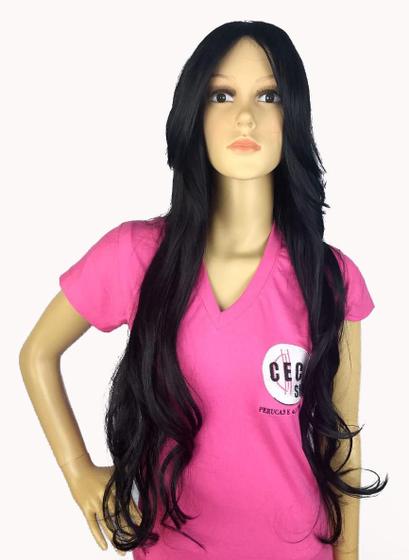 Imagem de Peruca Lace Wig Ondulada Franjão Preta 1 Fibra 80Cm