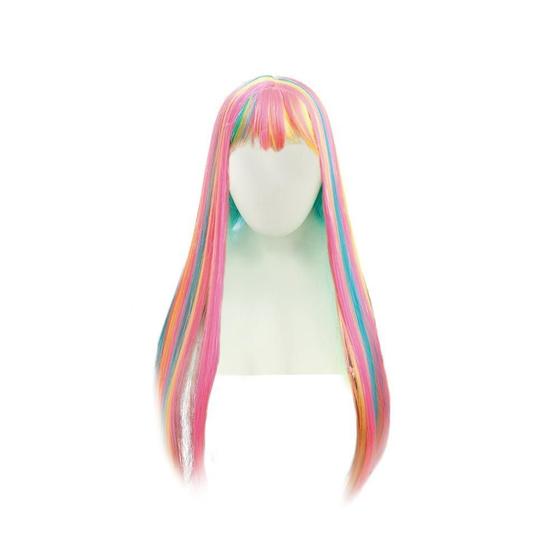 Imagem de Peruca Longa com Franja na Cor Rosa com Mechas Coloridas para Fantasias 60cm 1Un