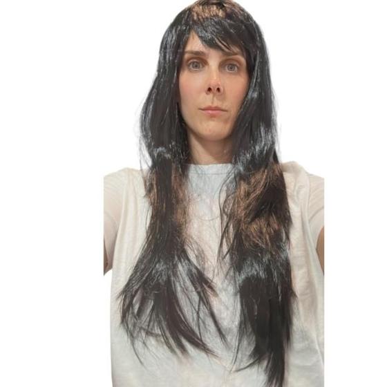 Imagem de Peruca Longa Lisa Preta 70cm Fantasia Halloween Carnaval Teatro Acessório Estilosa Versátil Confortável Glamurosa