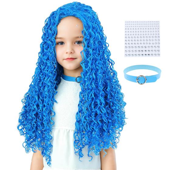 Imagem de Peruca Sintética Longa Azul Ondulada AMZCOS - Para Meninas, Crianças e Adolescentes
