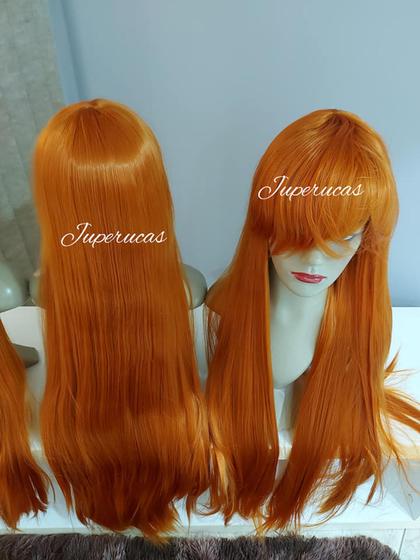 Imagem de Peruca wig 1 metro lisa franja preta branca ruiva vermelha rosa cinza fibra premium