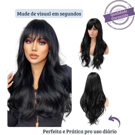 Imagem de Peruca Wig 100% Orgânica Pode Pranchar Super Natural Ondulada Com Franja Preta