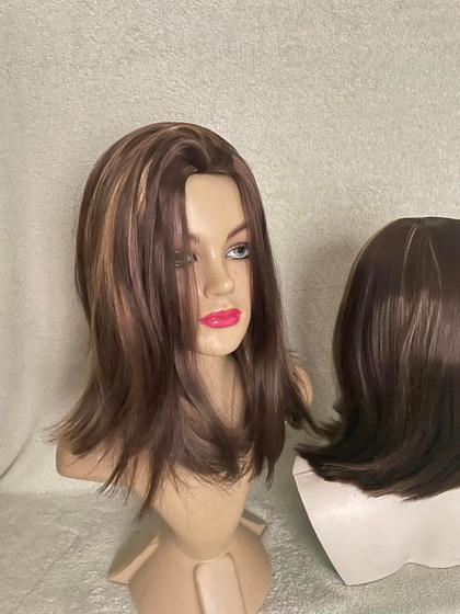 Imagem de Peruca wig curta longbob com luzes lisa premium preta castanho escuro