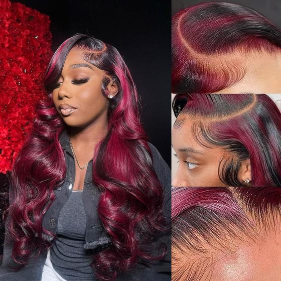 Imagem de Perucas TESLAL Burgundy Lace Front 26" Body Wave 180% de densidade