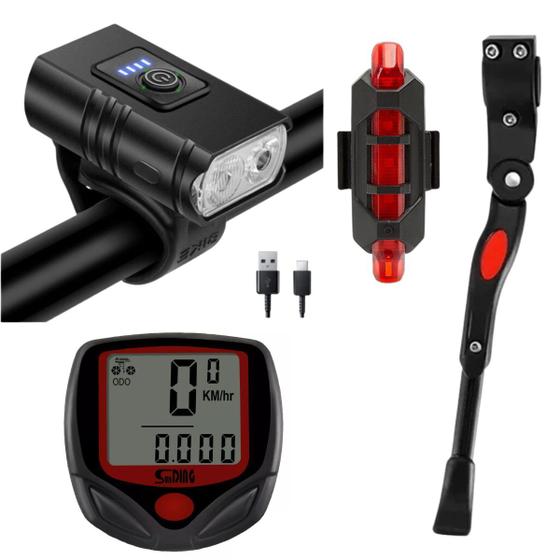 Imagem de Pezinho de Bike Velocimetro com Fio Lanterna Frontal com Led T6 e Pisca Traseiro Kit 4 itens