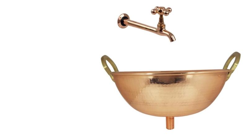 Imagem de Pia modelo tacho de cobre com torneira de parede e válvula