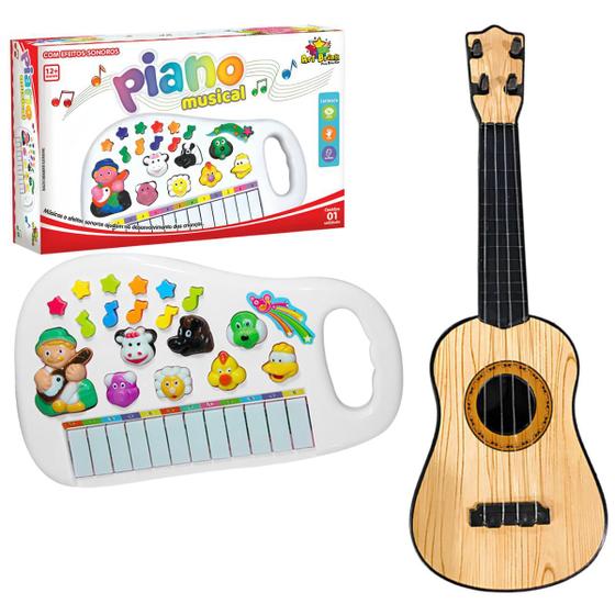 Imagem de Pianinho Musical Animais Fazendinha Infantil + Mini Violão 4 Cordas 28cm Feito Em Plástico Art Brink