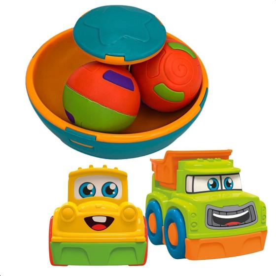 Imagem de Pião Gira Ball com 2 Bolinhas Chocalho  e Happy Car 2 Carrinhos Monta/Desmonta Brinquedo Infantil